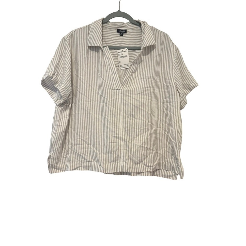 Splendid linen blend blouse sz XL V neck brown/white stripe collar boxy new NN